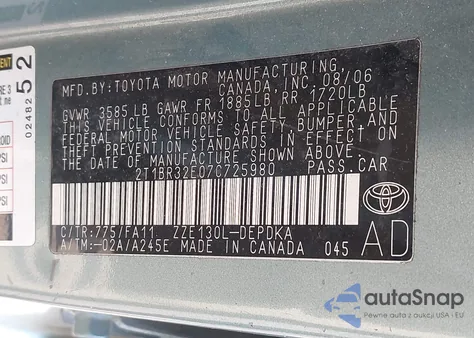 2007 Toyota Corolla Ce from USA, damaged, VIN 2T1BR32E07C725980